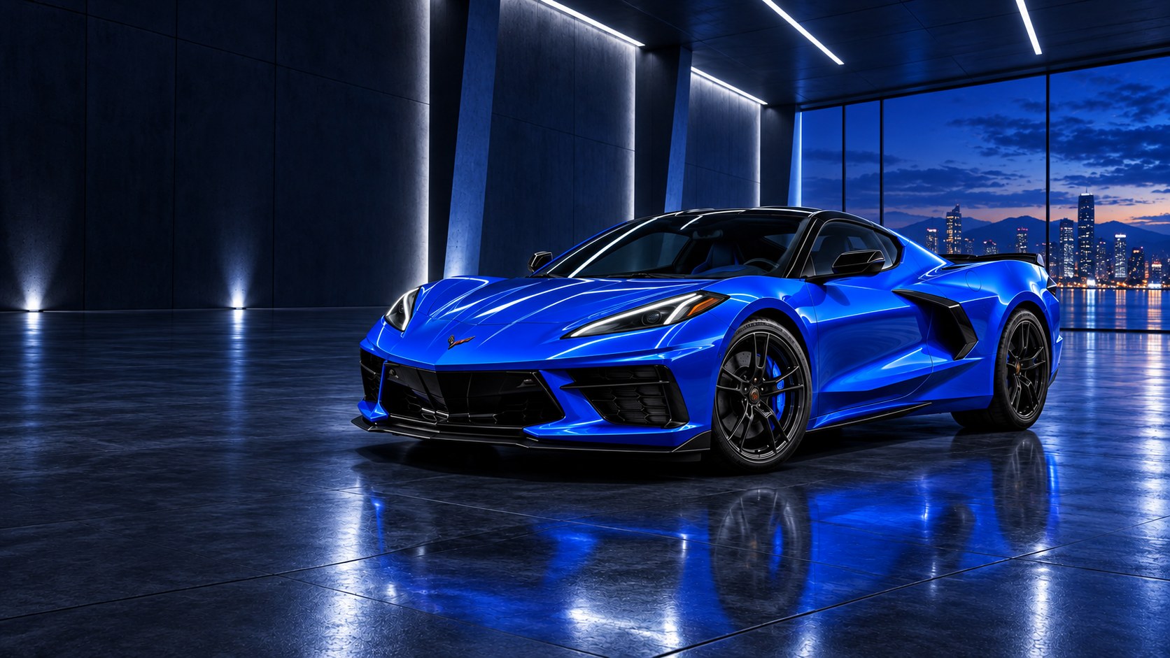 Blue Corvette in a blue-lit showroom